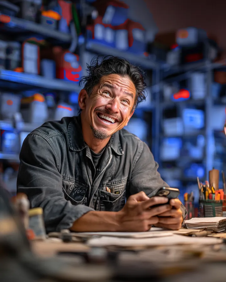El mismo trabajador sonriendo con su teléfono en su taller