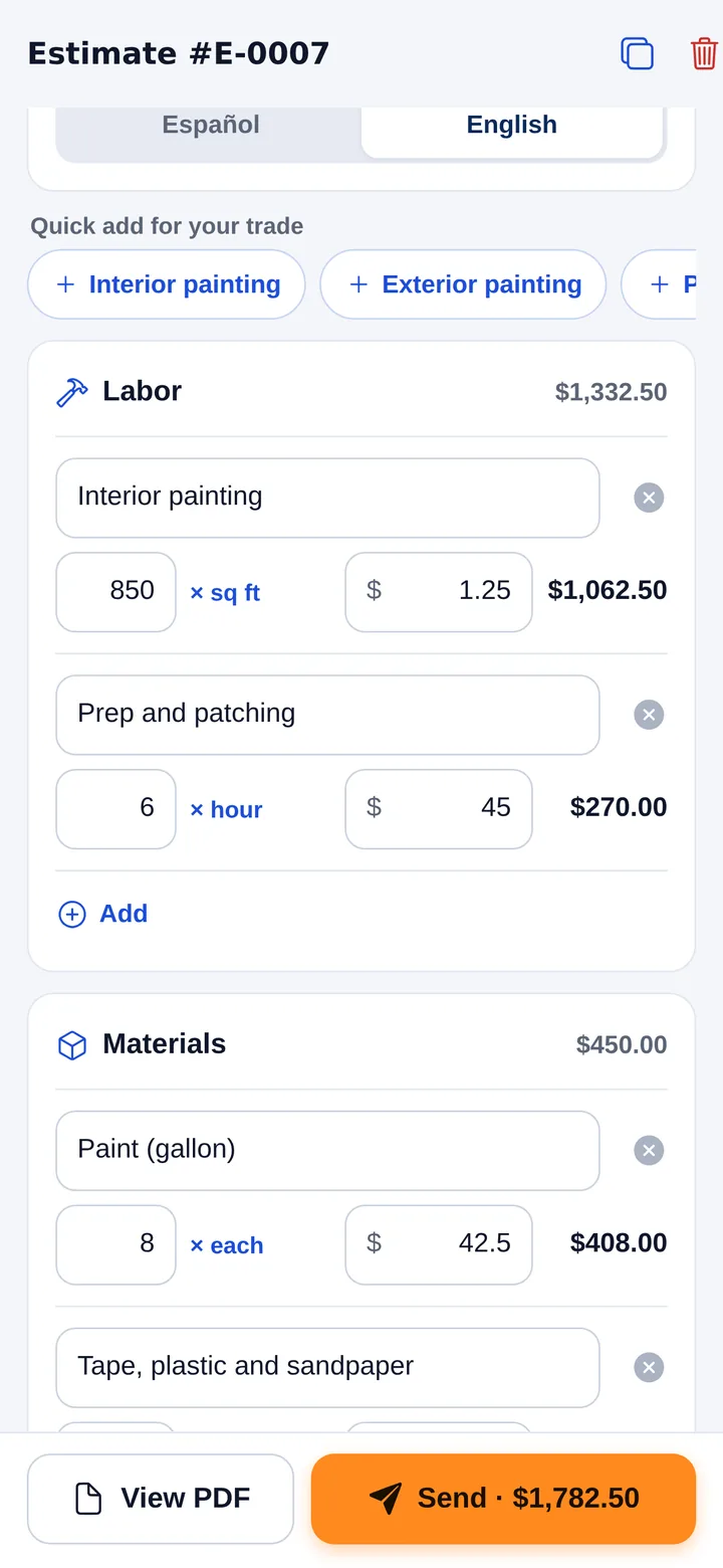 Estimate with a Labor section (interior painting 850 sq ft at $1.25, prep and patching 6 hours at $45) and a Materials section