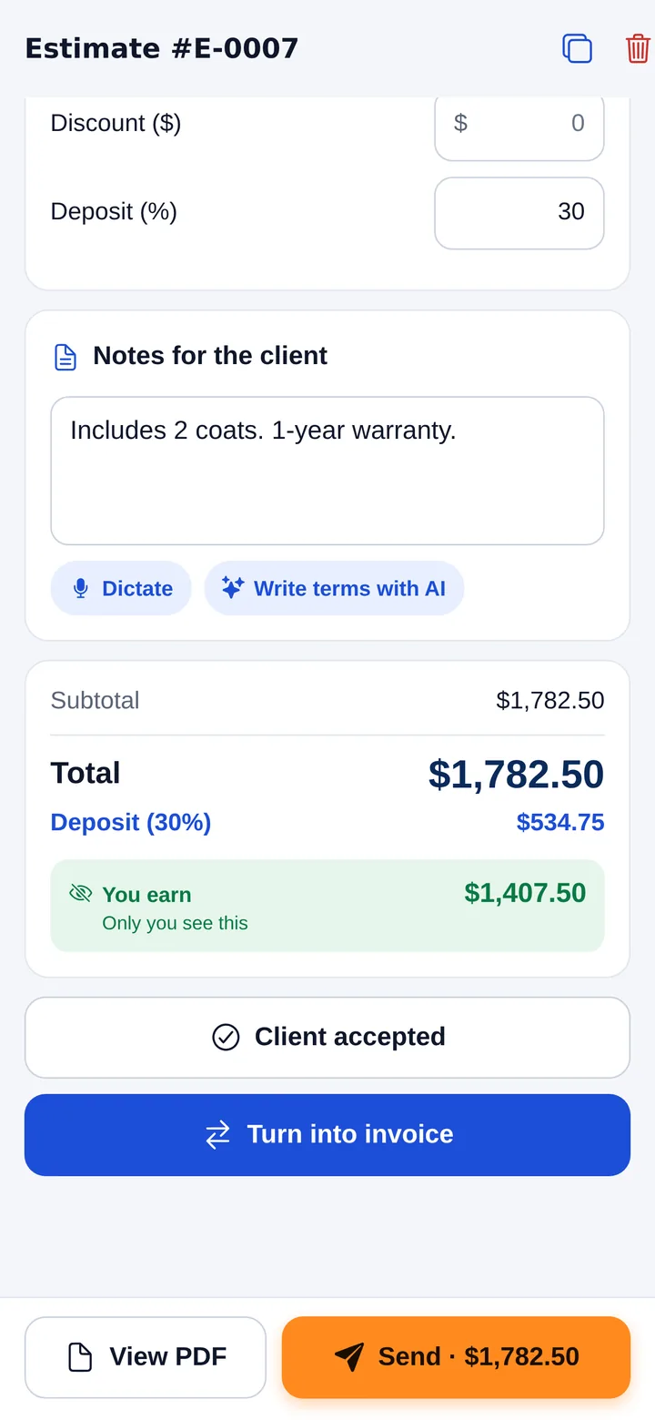 Totals: $1,782.50 total, 30% deposit $534.75, and a private 'You earn $1,407.50' box only the owner sees