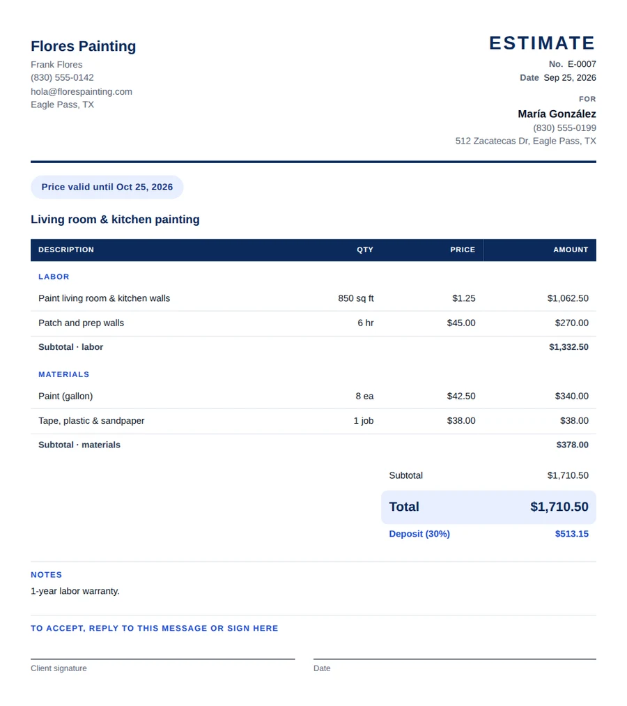 Ejemplo de estimado en inglés en PDF con las palabras Estimate, Price valid until, Labor, Materials, Subtotal, Total, Deposit, Notes y Client signature