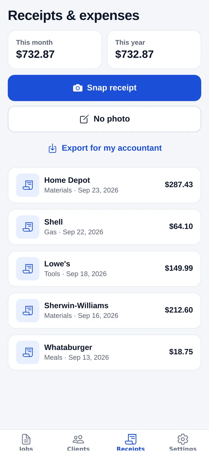 Chambaly receipts list showing the store, date, total and category for each expense