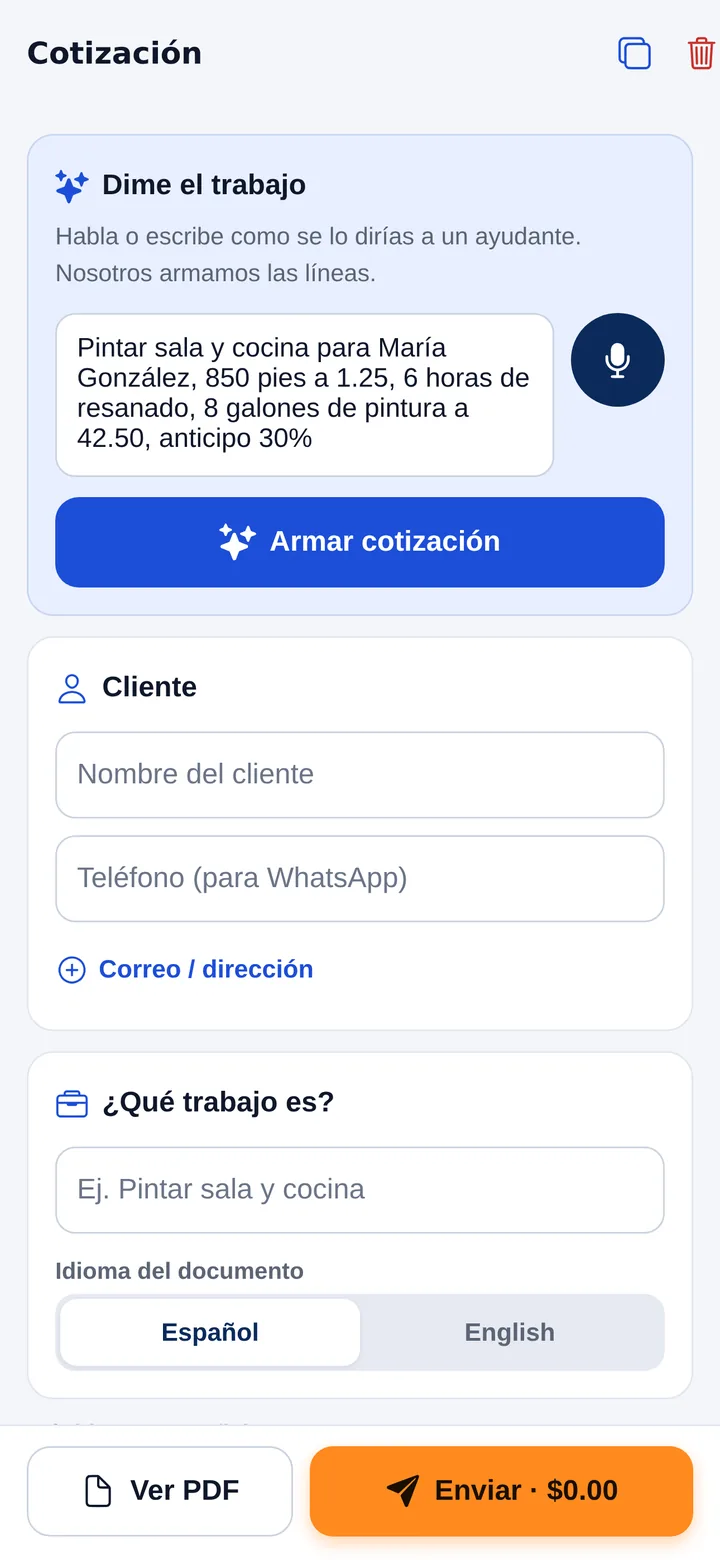 Pantalla de Chambaly: 'Pintar sala y cocina para María González, 850 pies a 1.25, 6 horas de resanado, 8 galones de pintura a 42.50, anticipo 30%' escrito en el cuadro Dime el trabajo, con el botón Armar cotización