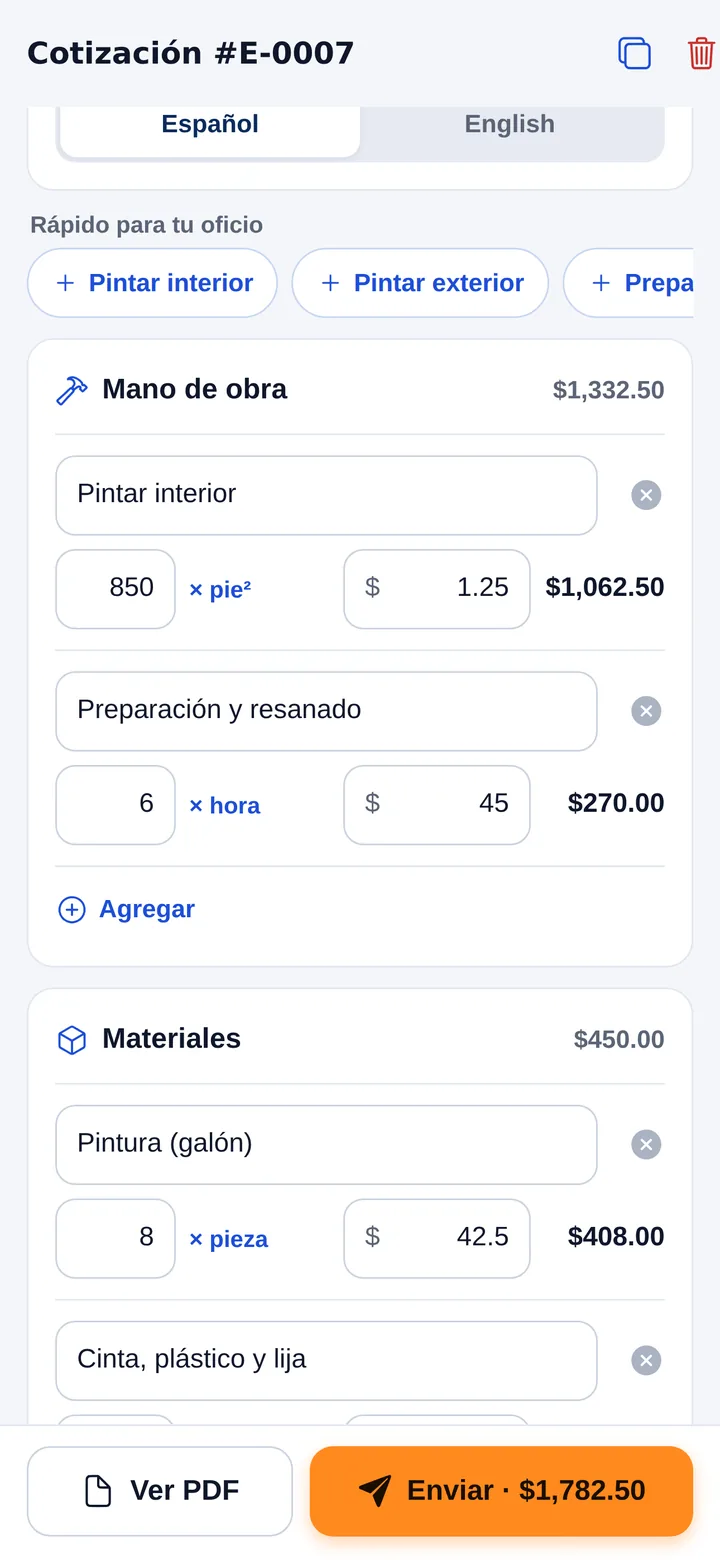 Cotización con sección de Mano de obra (pintar interior 850 pies a $1.25, preparación y resanado 6 horas a $45) y sección de Materiales
