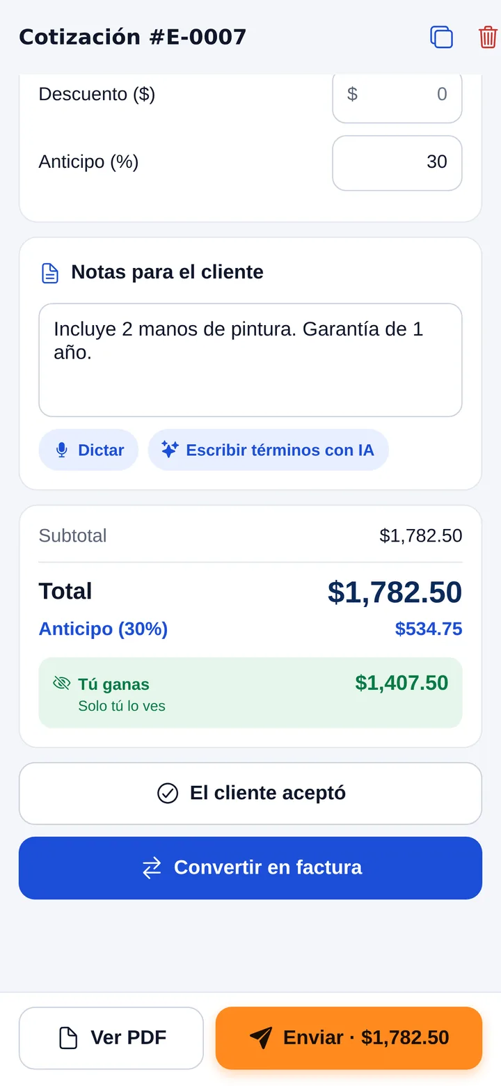 Totales: $1,782.50 total, anticipo 30% $534.75 y un cuadro privado 'Tú ganas $1,407.50' que solo ve el dueño