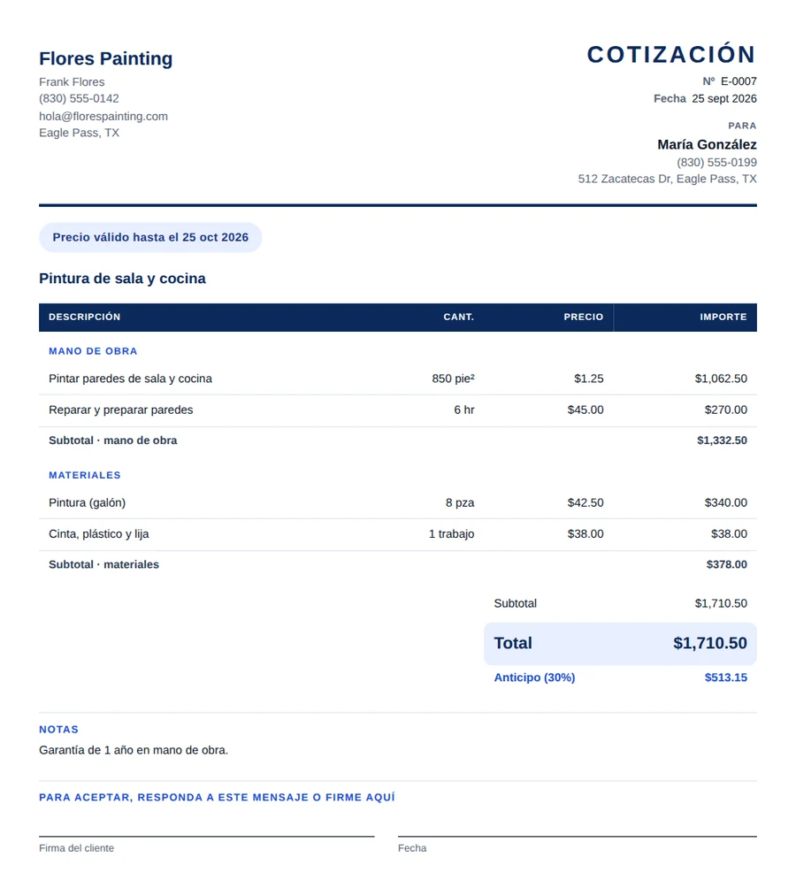 Ejemplo de estimado en PDF con el nombre del negocio, datos del cliente, fecha de vigencia, mano de obra y materiales por separado, total, anticipo, notas y línea para la firma del cliente