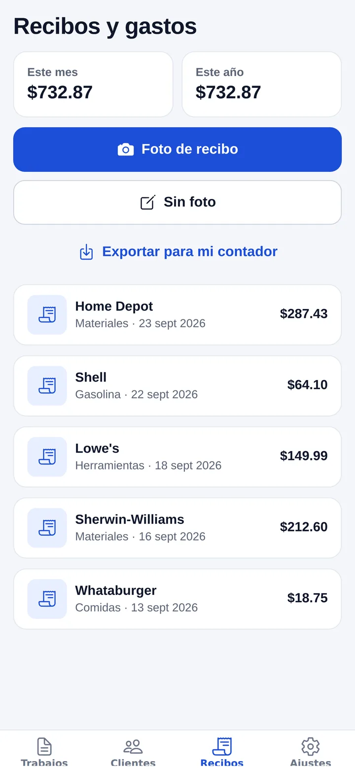 Lista de recibos en Chambaly con tienda, fecha, total y categoría de cada gasto
