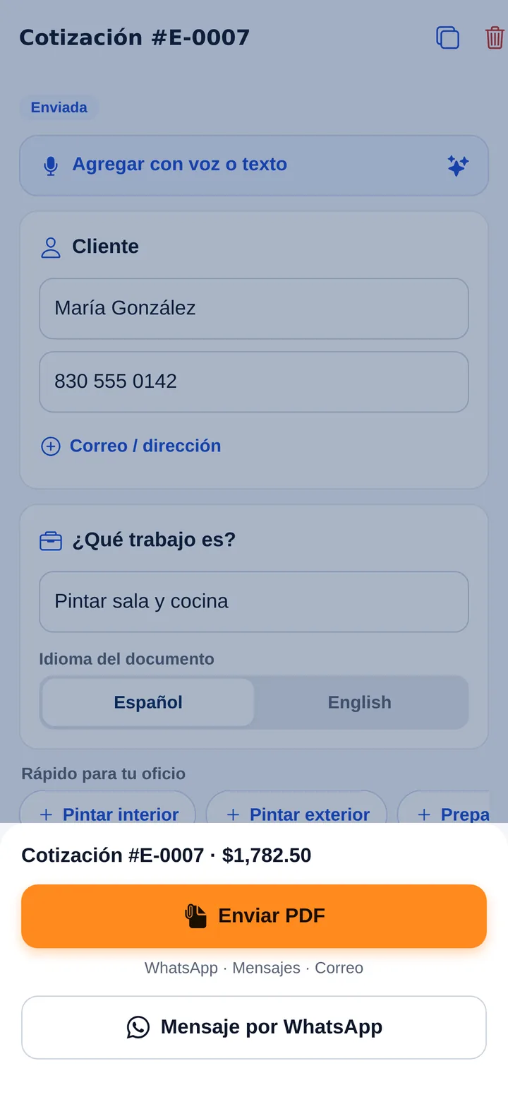 Opciones de envío con los botones Enviar PDF y Mensaje por WhatsApp