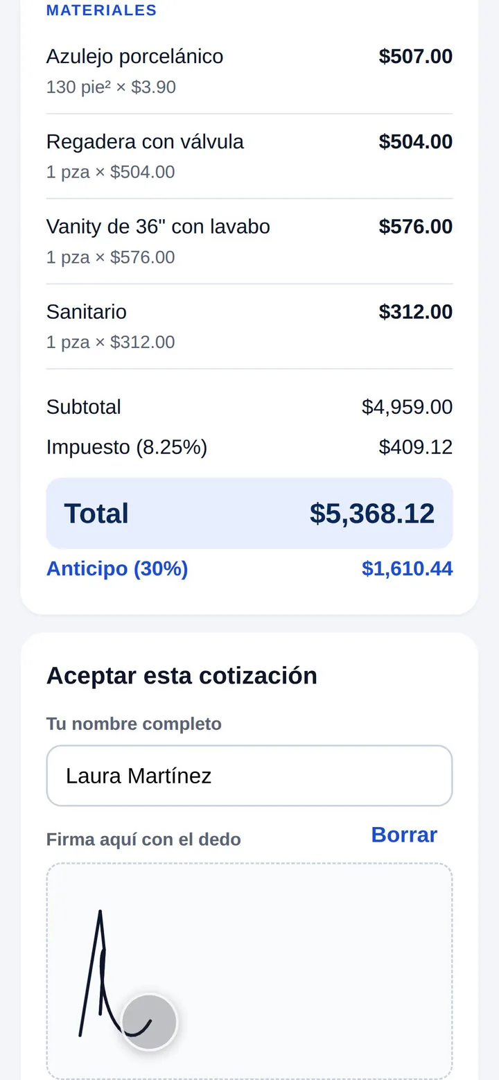Un cliente firmando una cotización con el dedo